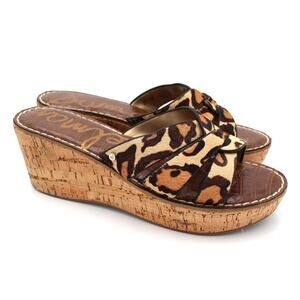 Sam Edelman Sandals Womens Size 8 Leopard Calf Hair Cork Platform Wedge Shoes